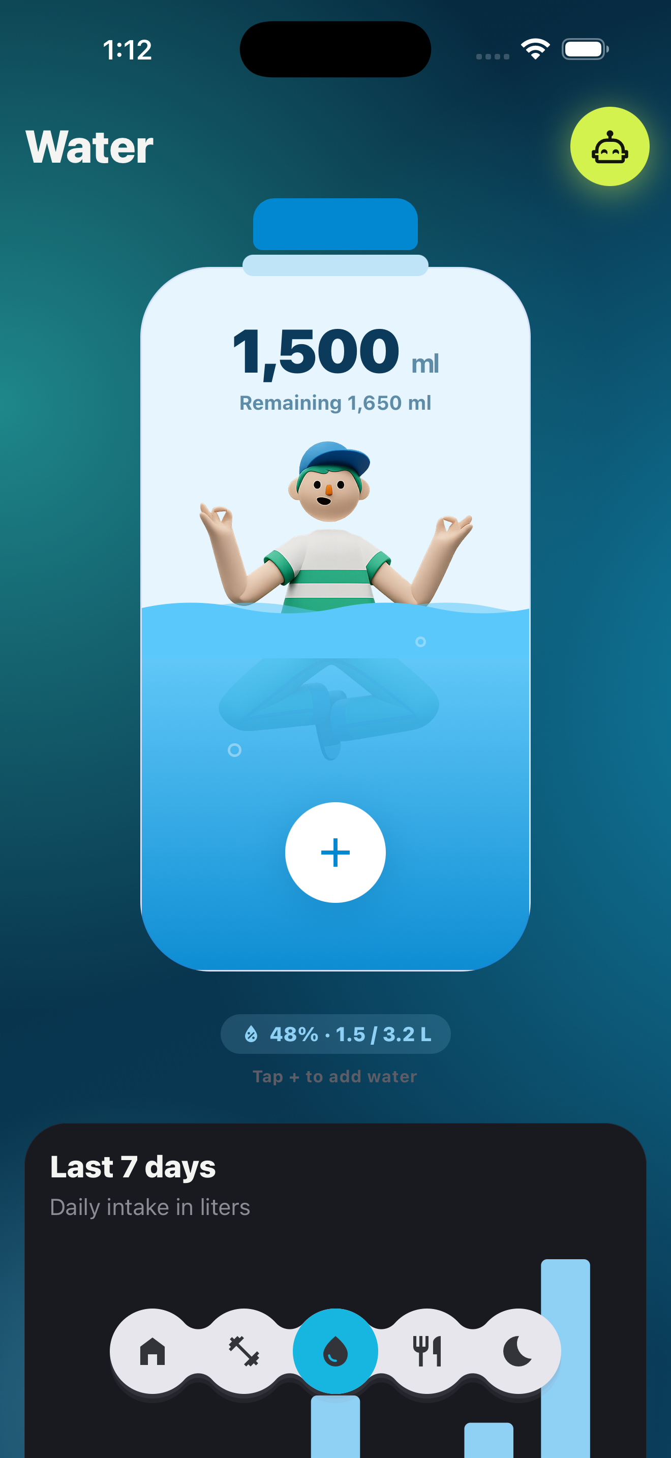 Water screen with an animated bottle filled to 1,500 ml